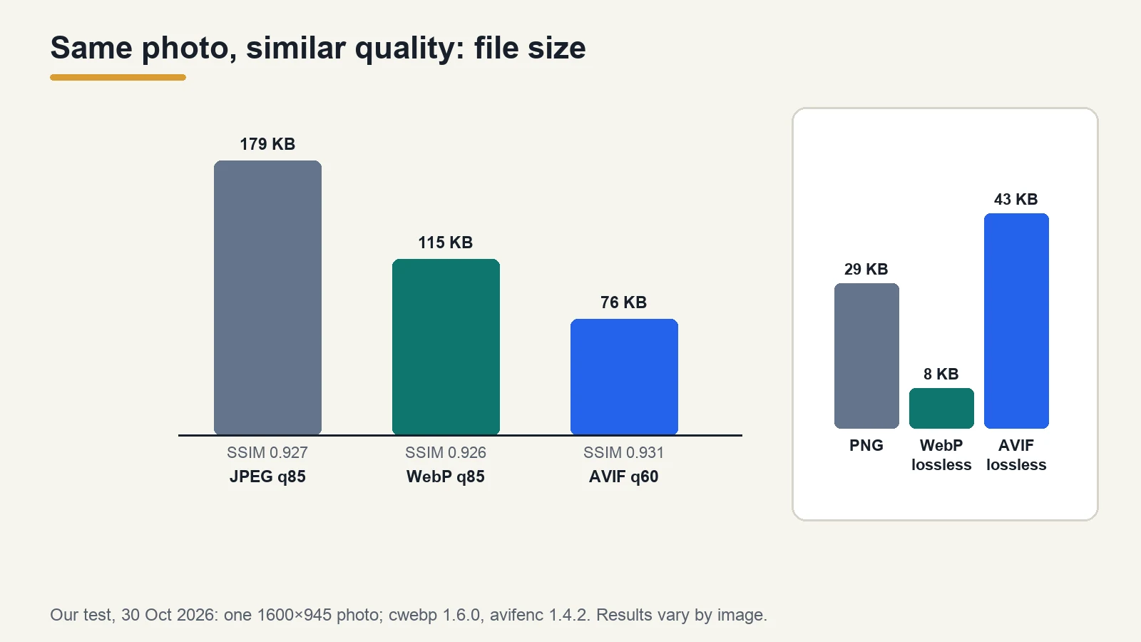 Bar chart showing a test photo at similar quality as JPEG 179 KB, WebP 115 KB and AVIF 76 KB, plus lossless graphic sizes